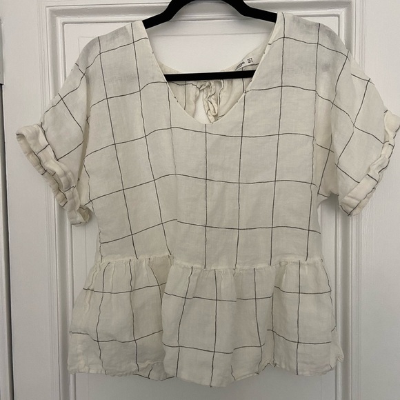 Mango Linen Blend White & Black Checkered Top Blouse w/ Open Tie Back and V neck - Picture 2 of 9